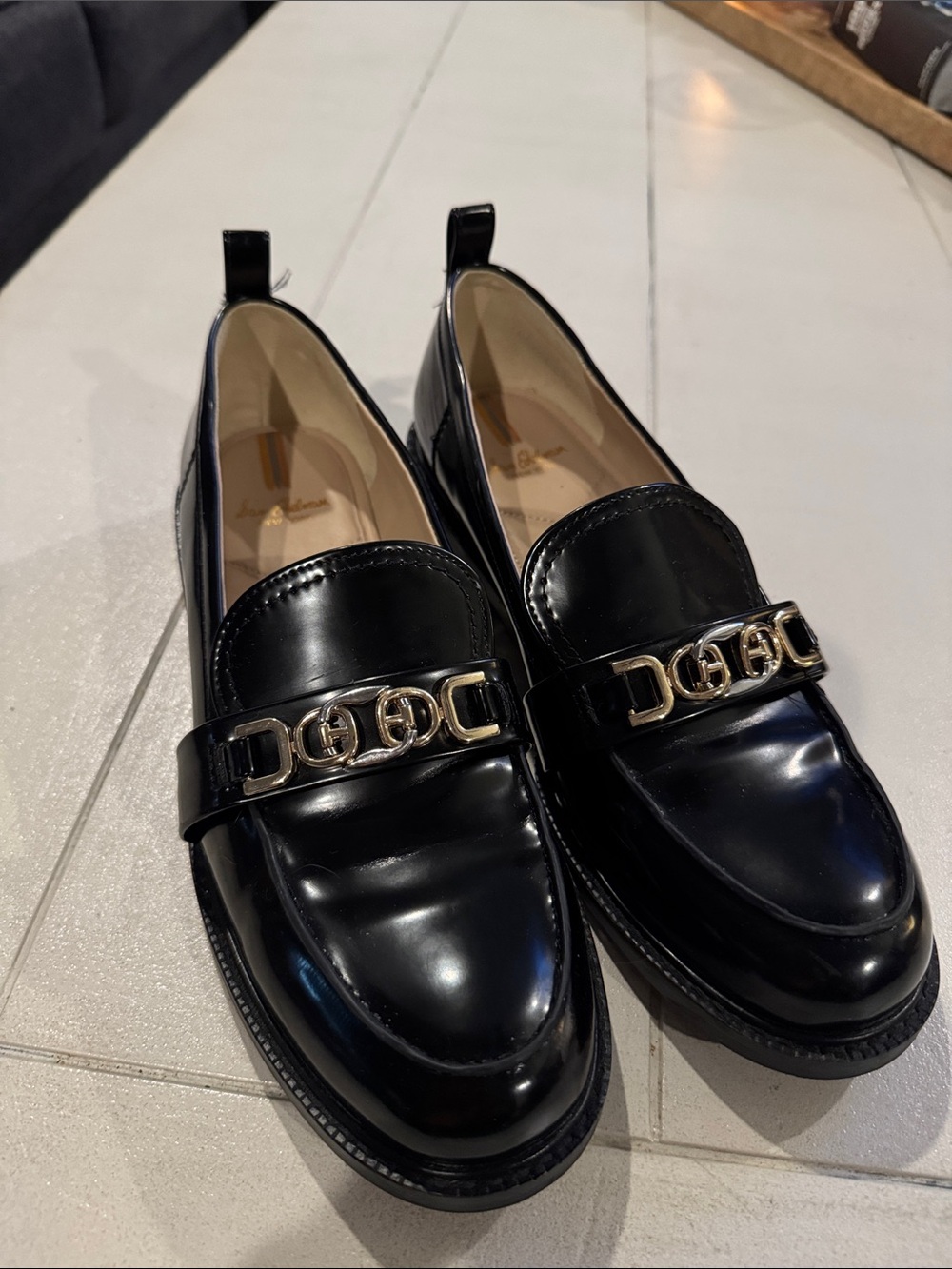 Sam Edelman Black Patent Loafers with Gold Chain Accent